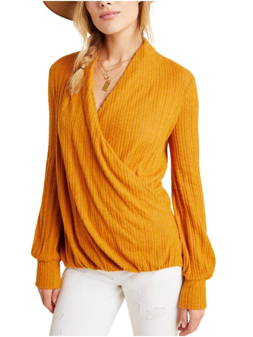 Maeve Anthropologie Surplice Sweater Medium Orange Ribbed Wrap Knit Boho Top